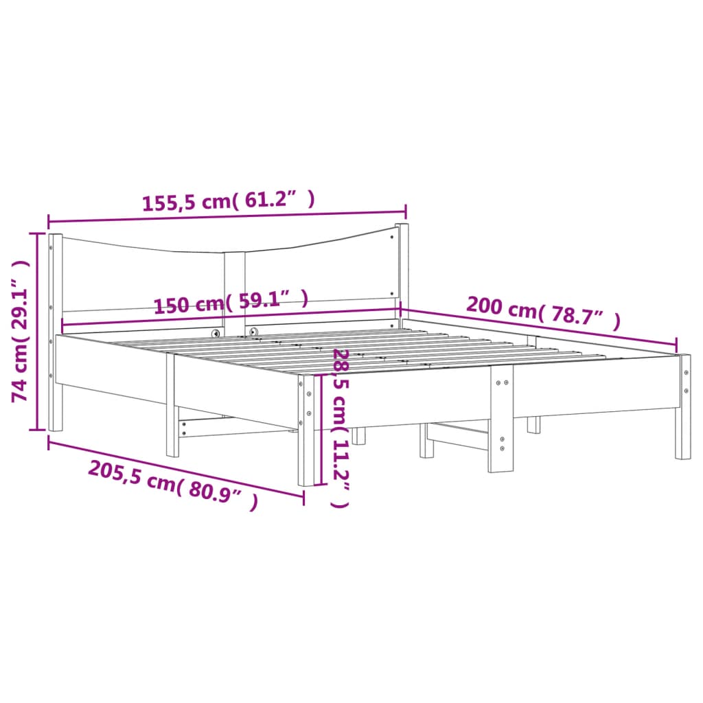 vidaXL Bed Frame without Mattress 150x200 cm King Size Solid Wood Pine