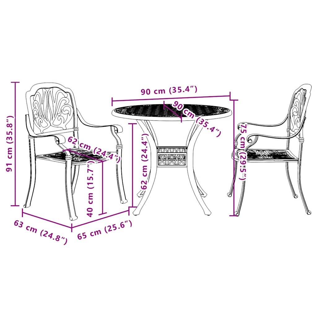 vidaXL 3 Piece Bistro Set Black Cast Aluminium