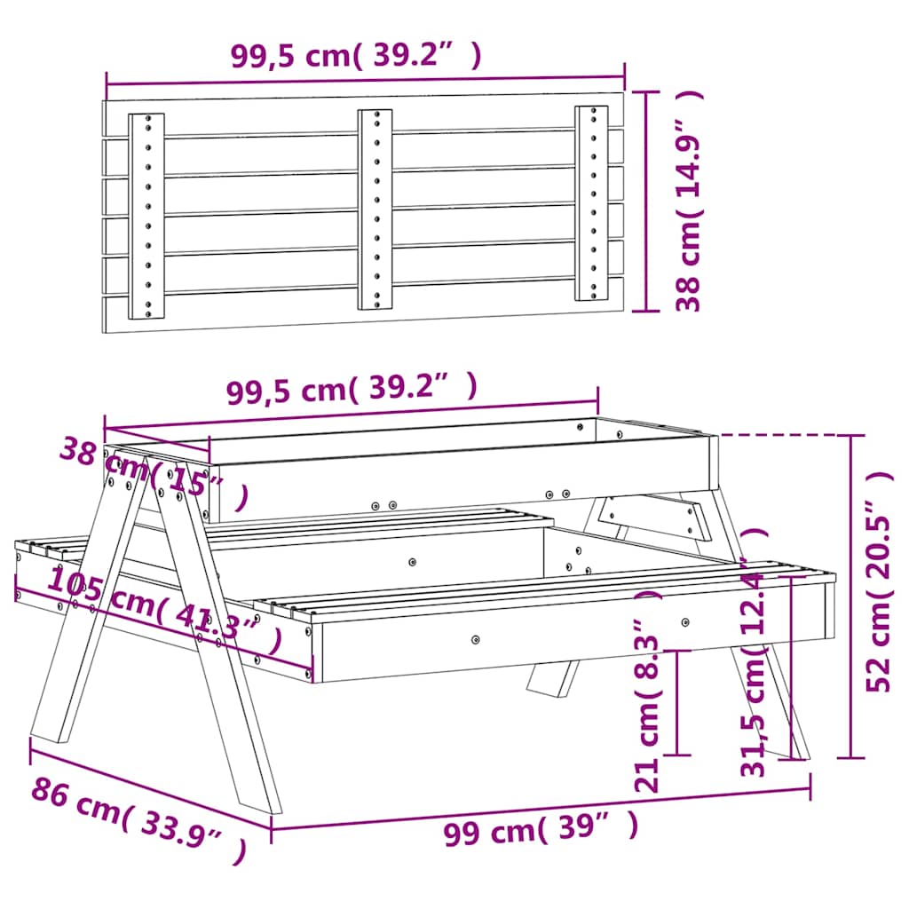 vidaXL Picnic Table with Sandpit for Kids Solid Wood Pine