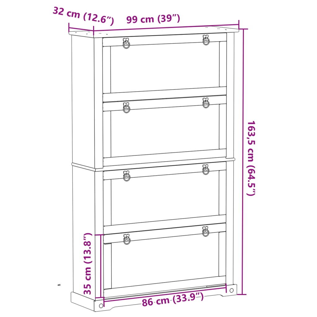 vidaXL Shoe Cabinet Corona 99x32x163.5 cm Solid Wood Pine