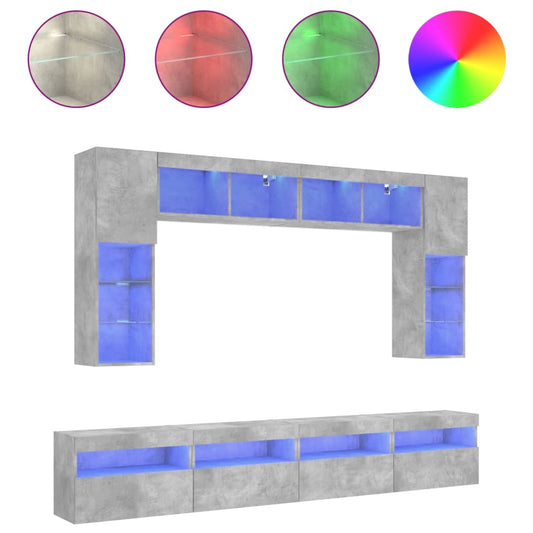 vidaXL 8 Piece TV Wall Cabinet Set with LED Lights Concrete Grey