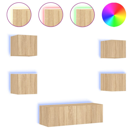 vidaXL 5 Piece TV Wall Cabinets with LED Lights Sonoma Oak