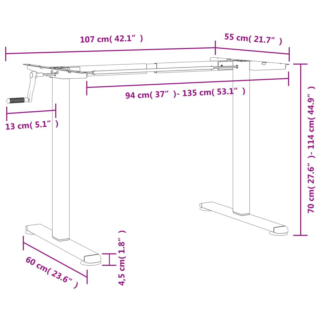 vidaXL Standing Desk Frame Black (94-135)x60x(70-114) cm Steel