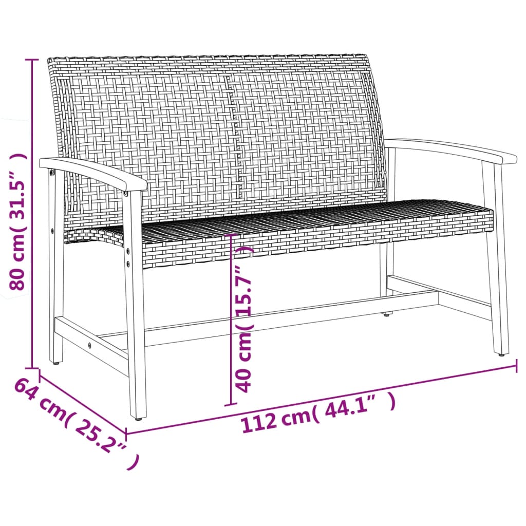 vidaXL Garden Bench Black 112 cm Poly Rattan and Acacia Wood