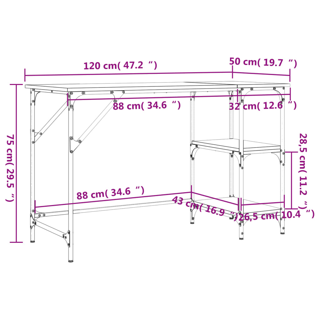 vidaXL Desk Smoked Oak 120x50x75 cm Metal and Engineered Wood