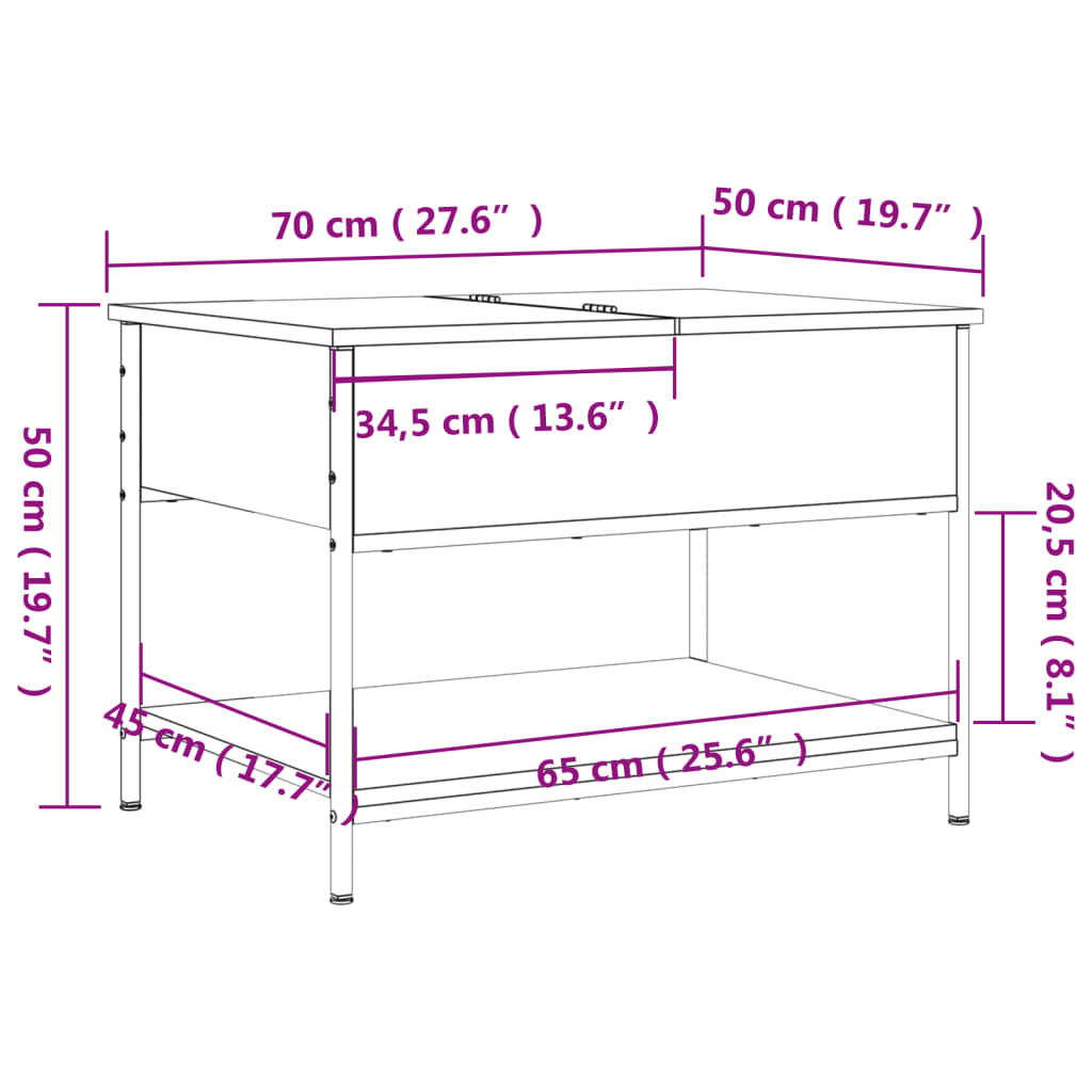 vidaXL Coffee Table Brown Oak 70x50x50 cm Engineered Wood and Metal