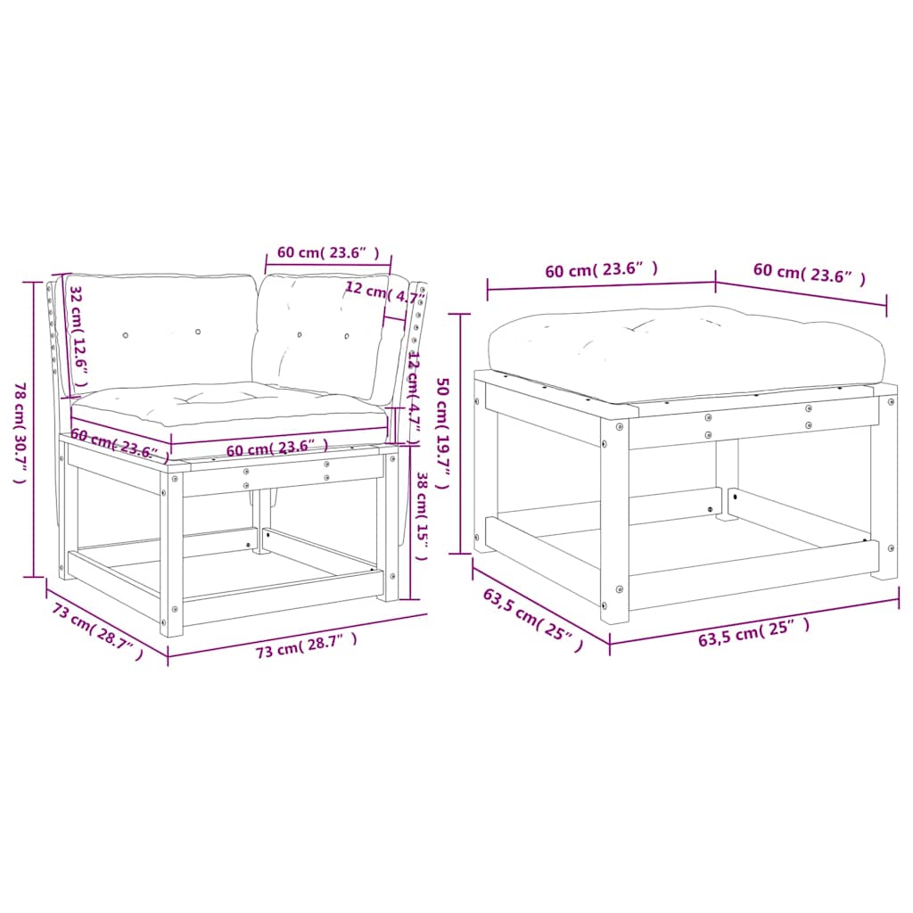 vidaXL 3 Piece Garden Sofa Set with Cushions White Solid Wood Pine