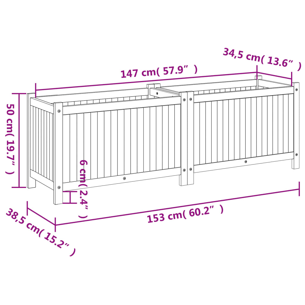 vidaXL Garden Planter with Liner 153x38.5x50 cm Solid Wood Acacia