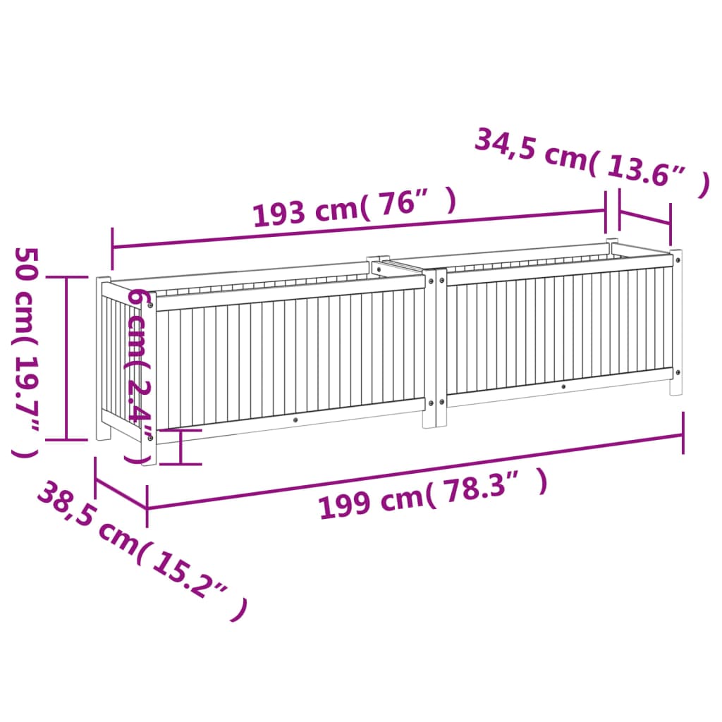 vidaXL Garden Planter with Liner 199x38.5x50 cm Solid Wood Acacia