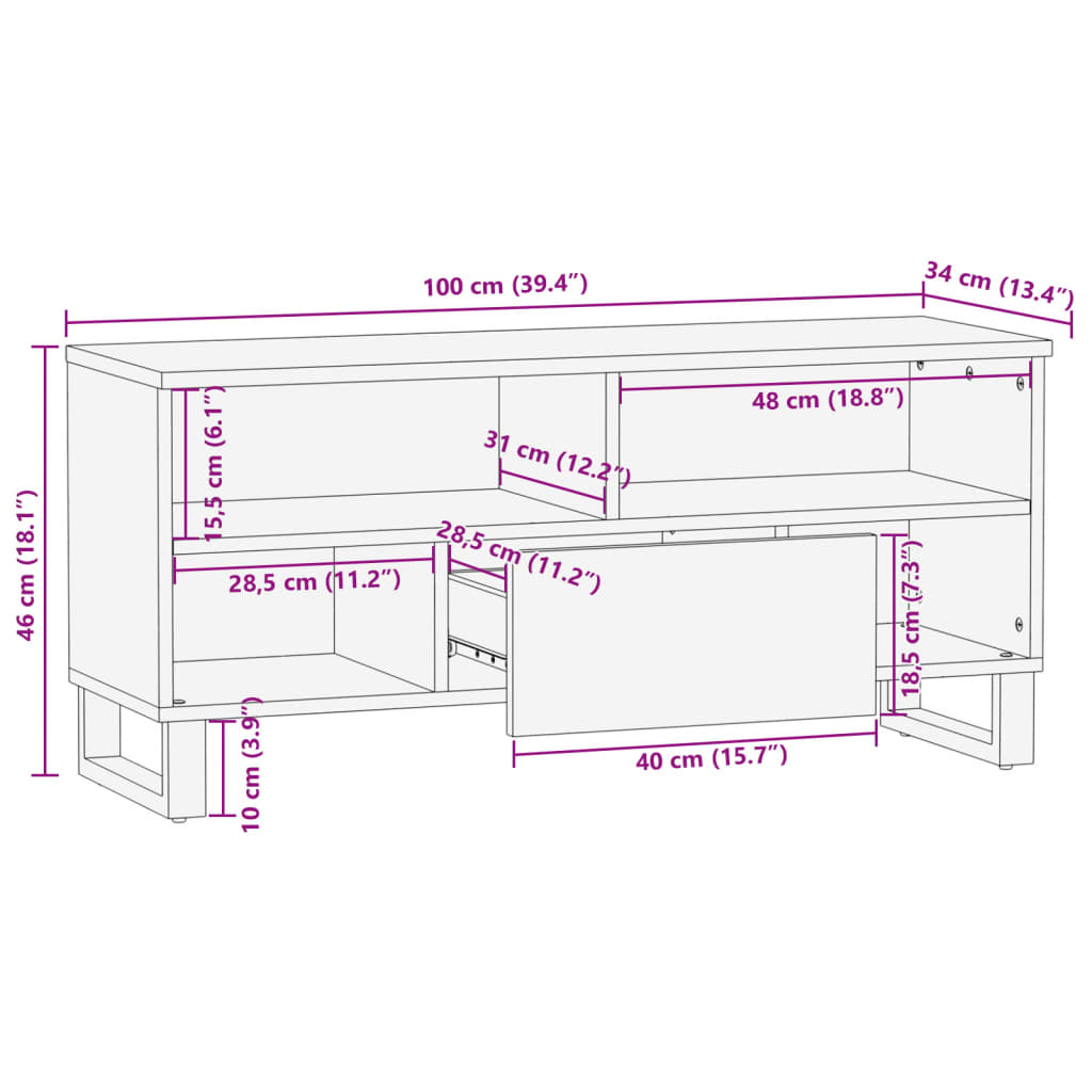 vidaXL TV Cabinet 100x34x46 cm Solid Wood Rough Mango