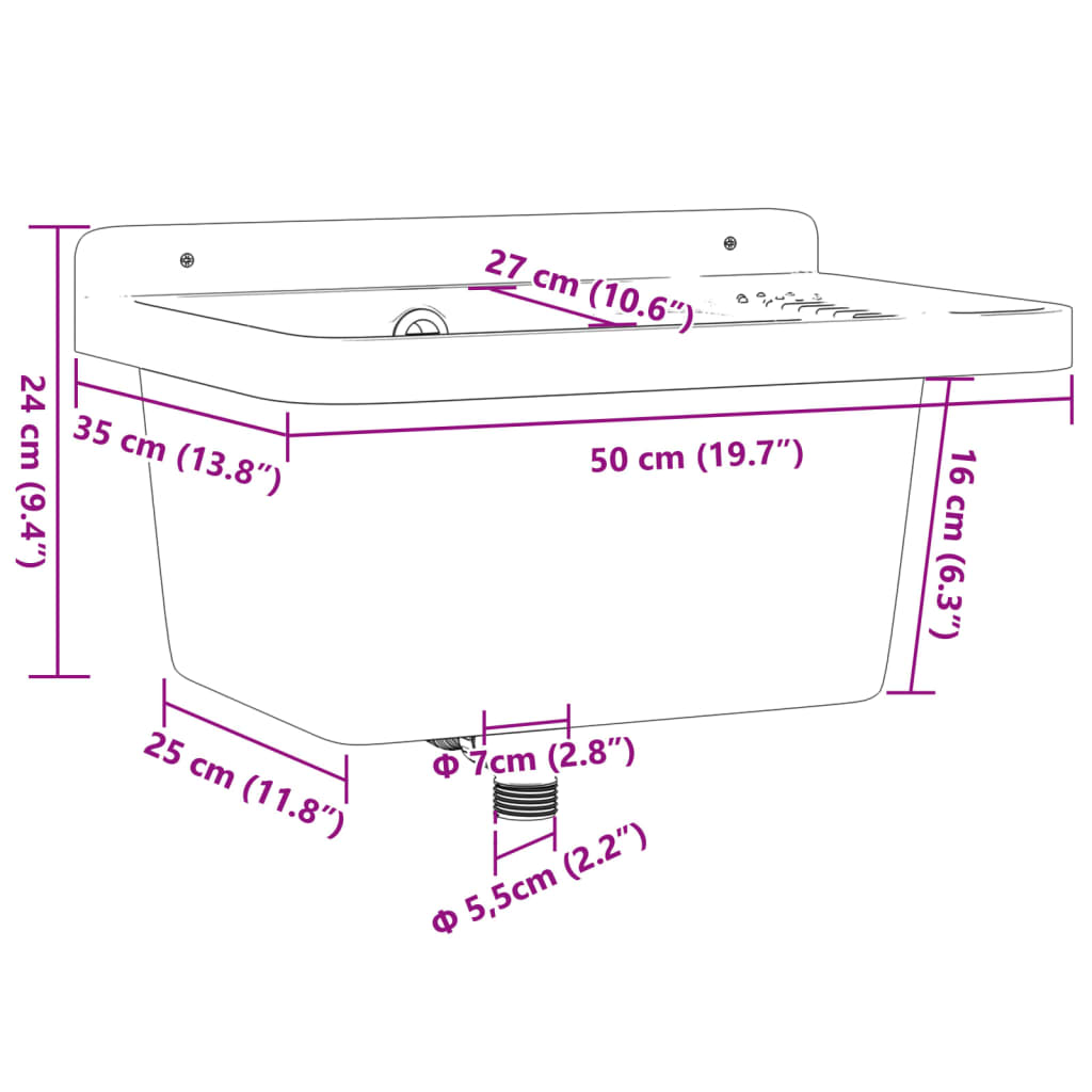 vidaXL Sink Washbasin for Wall Mounting Grey 50x35x24 cm Resin