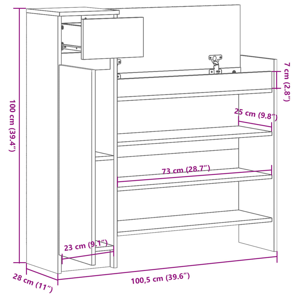 vidaXL Shoe Cabinet Smoked Oak 100,5x28x100 cm Engineered Wood