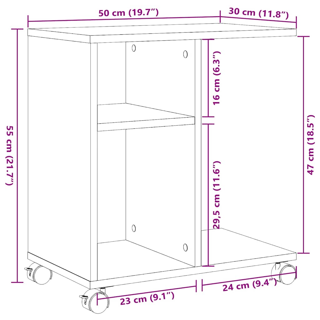 vidaXL Side Table with Wheels Grey Sonoma 50x30x55 cm Engineered Wood