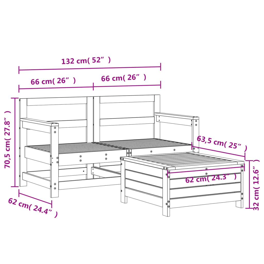 vidaXL 3 Piece Garden Sofa Set Impregnated Wood Pine