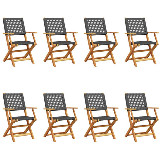 vidaXL Folding Garden Chairs 8 pcs Black Poly Rattan and Solid Wood
