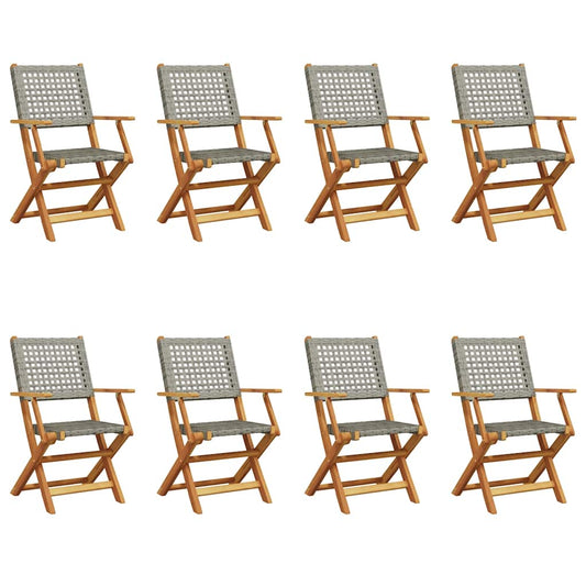 vidaXL Folding Garden Chairs 8 pcs Grey Poly Rattan and Solid Wood