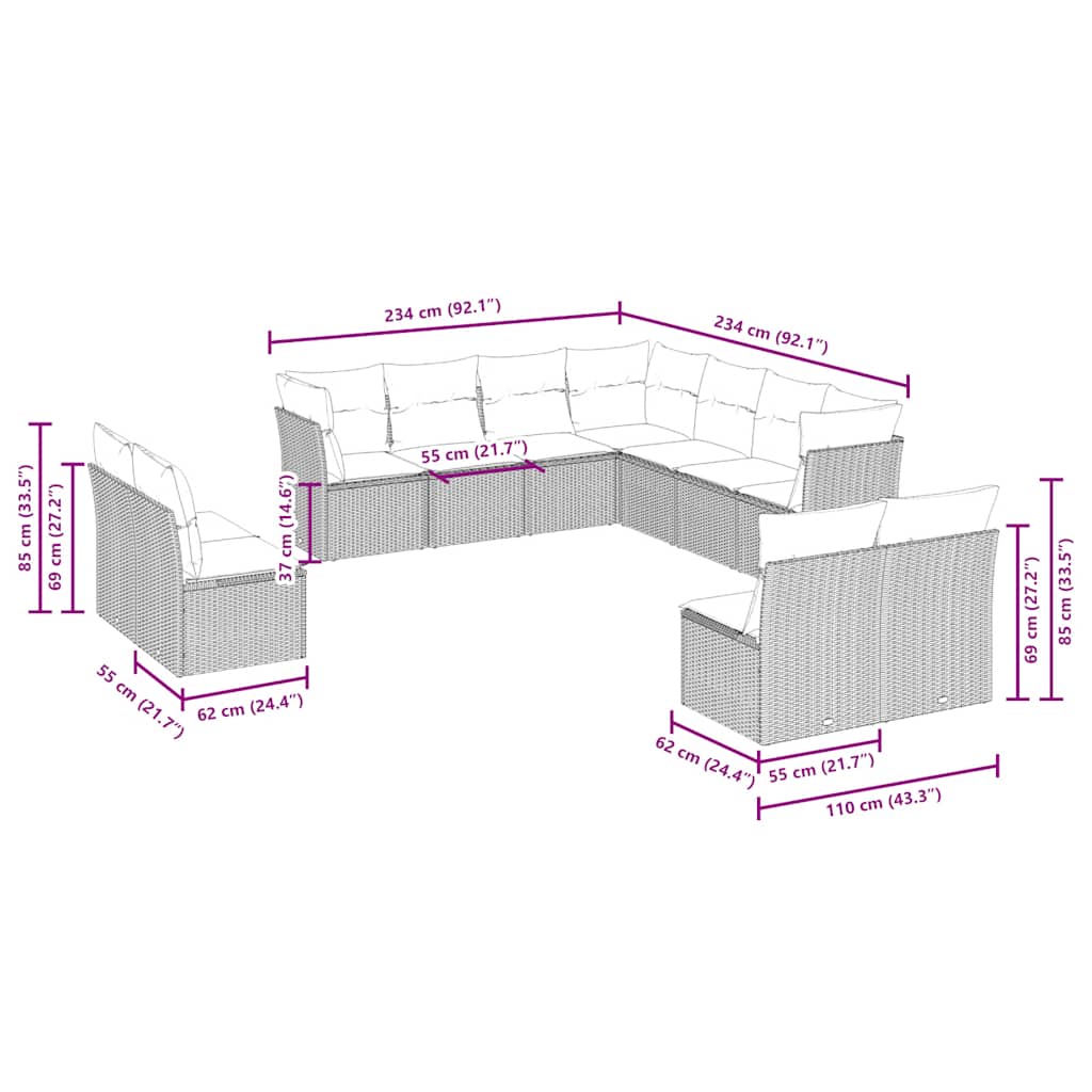 vidaXL 11 Piece Garden Sofa Set with Cushions Light Grey Poly Rattan