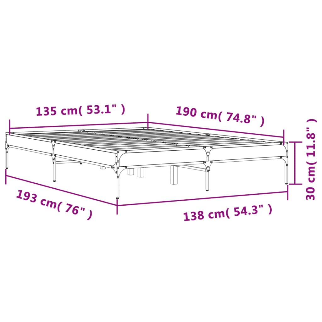 vidaXL Bed Frame without Mattress Grey Sonoma 135x190 cm