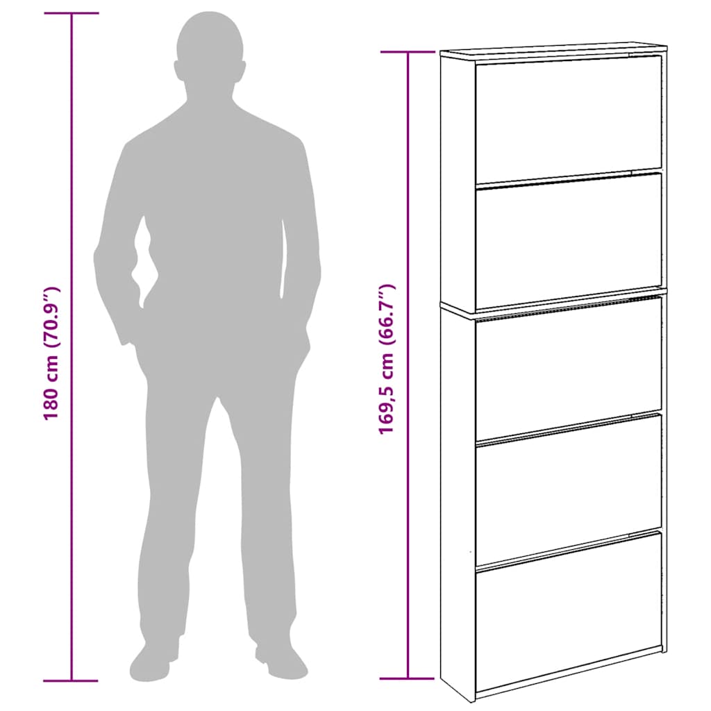 vidaXL Shoe Cabinet with Mirror 5-Layer High Gloss White 63x17x169.5cm