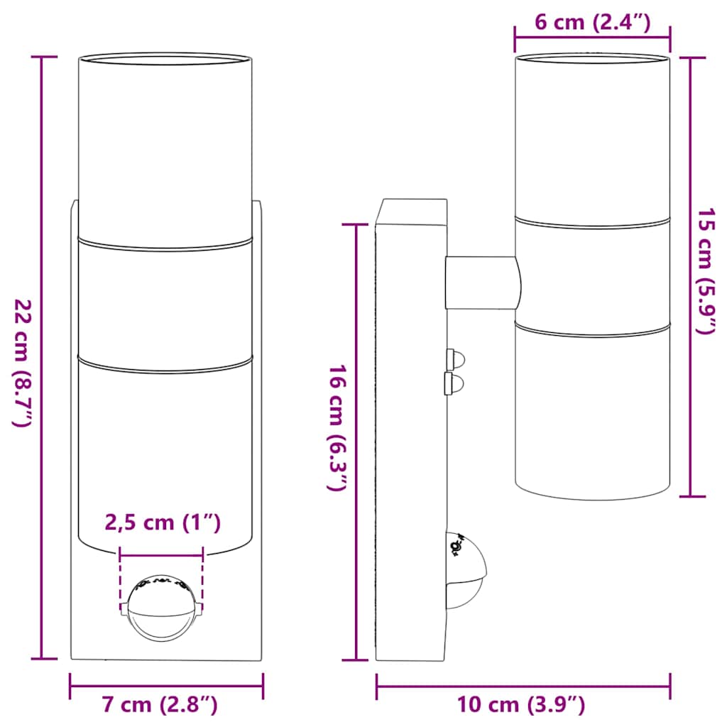vidaXL Outdoor Wall Lights with Sensor 2 pcs Silver Stainless Steel IP44