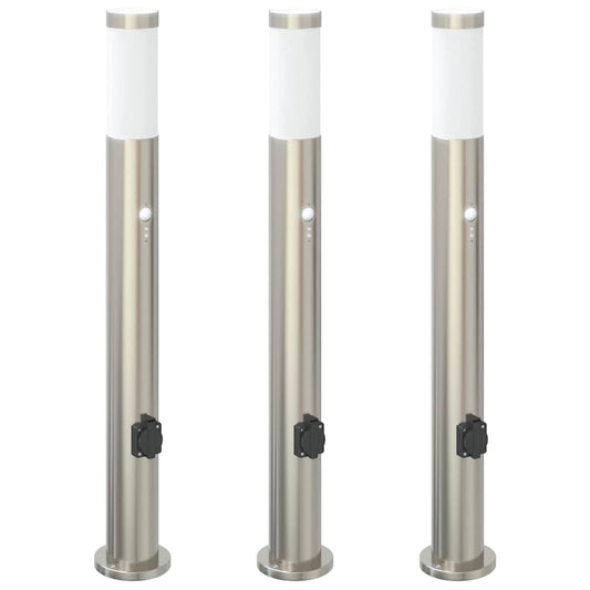 vidaXL Bollard Lights with Sensor&Outlet 3pcs 80 cm Stainless Steel IP44