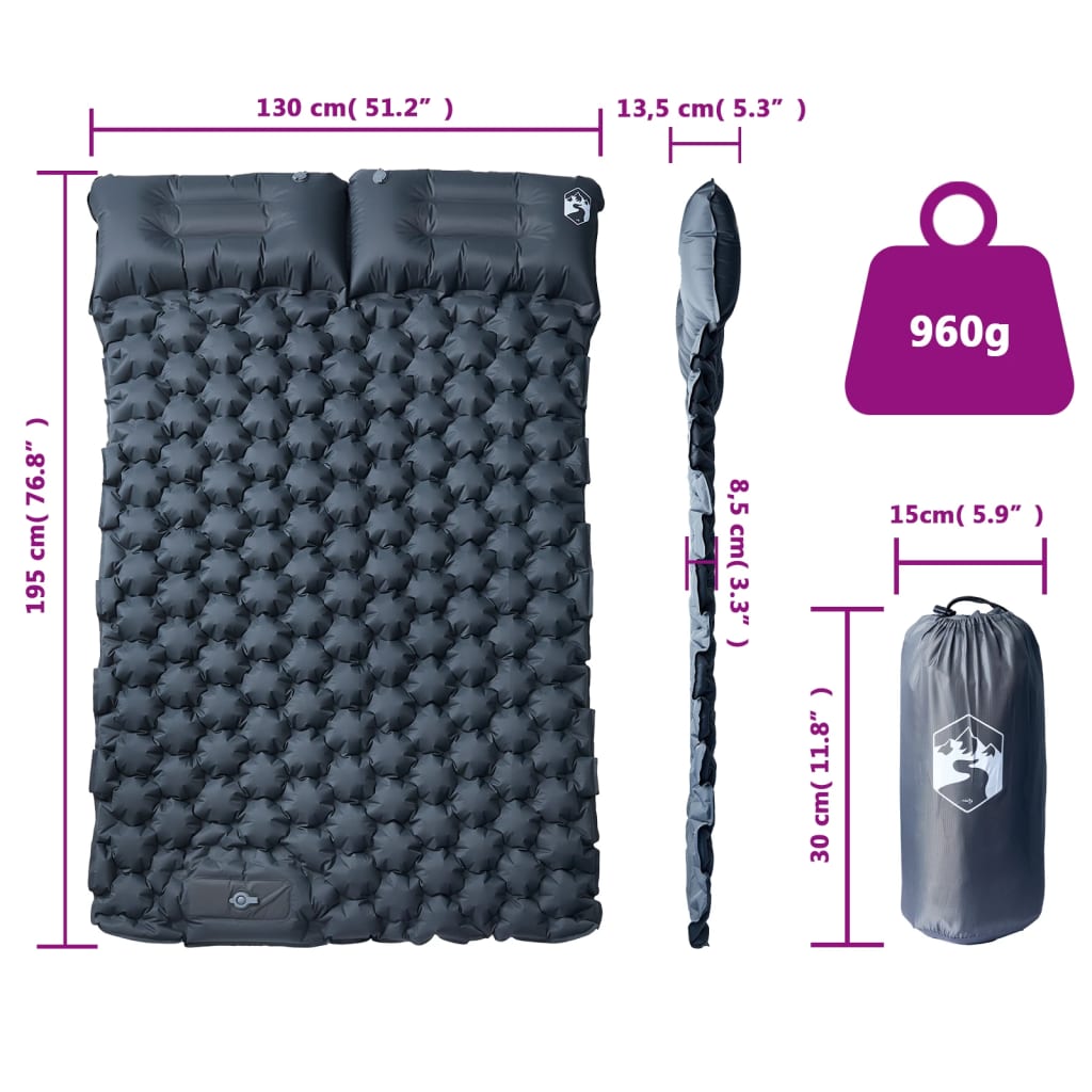 vidaXL Self Inflating Camping Mattress with Pillows 2-Person Grey