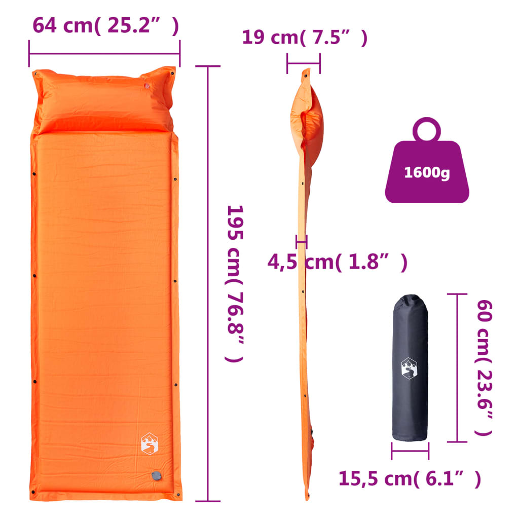 vidaXL Self Inflating Camping Mattress with Pillow 1-Person Orange