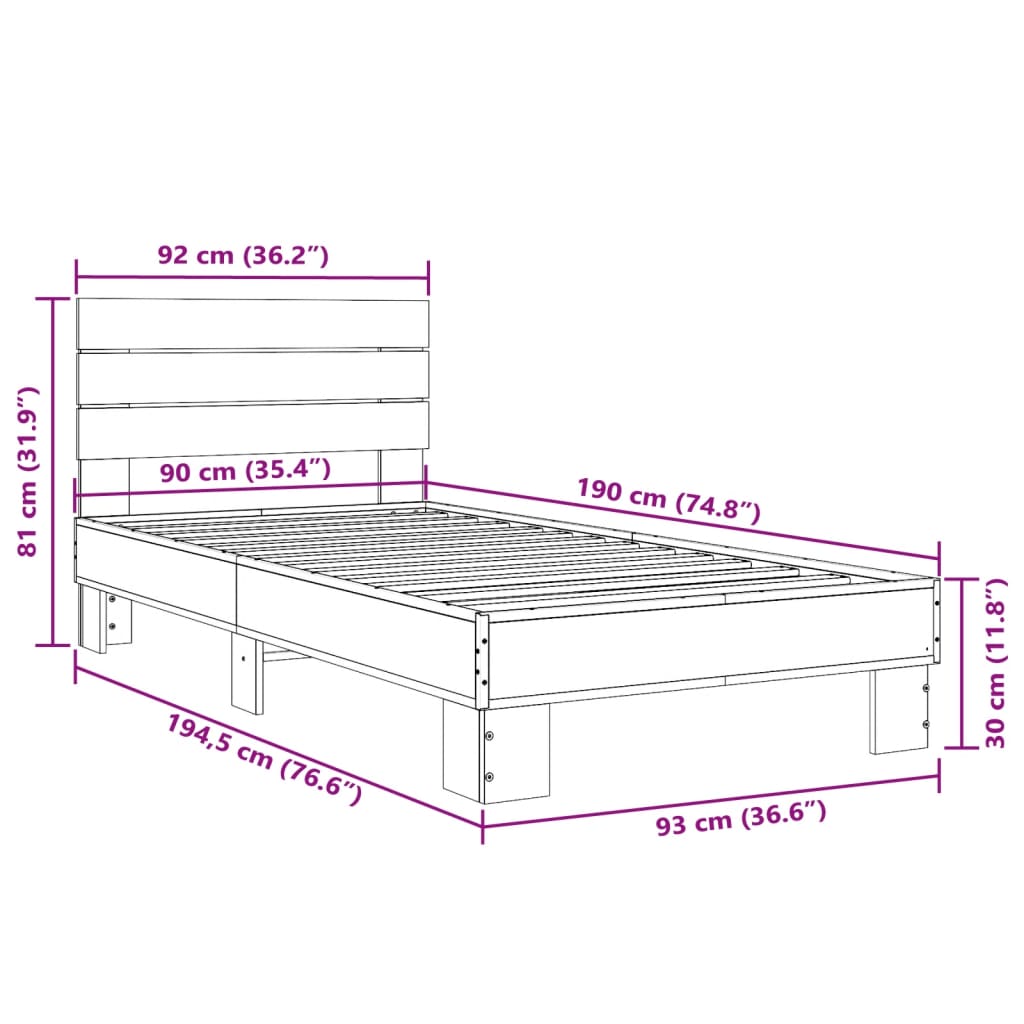 vidaXL Bed Frame without Mattress Sonoma Oak 90x190 cm Single