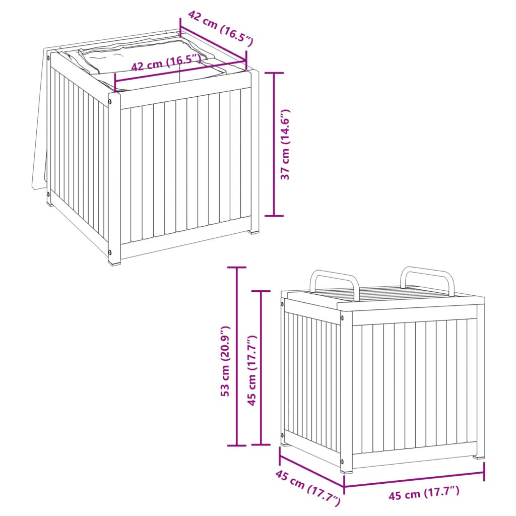 vidaXL Outdoor Cushion Box 45x45x45/53 cm Solid Wood Acacia and Steel