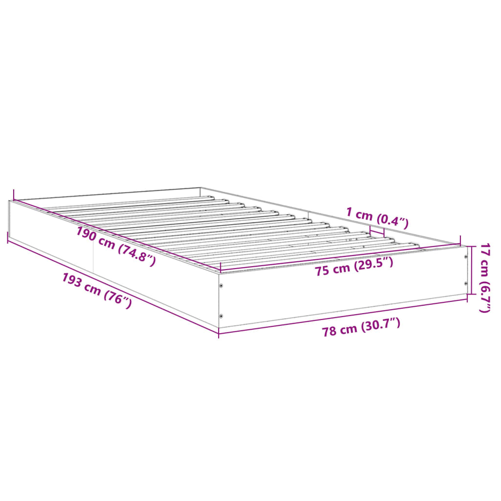 vidaXL Bed Frame without Mattress Grey Sonoma 75x190cm Engineered Wood