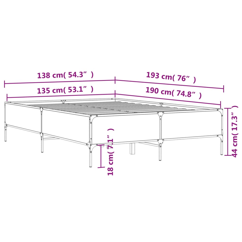 vidaXL Bed Frame without Mattress Grey Sonoma 135x190 cm