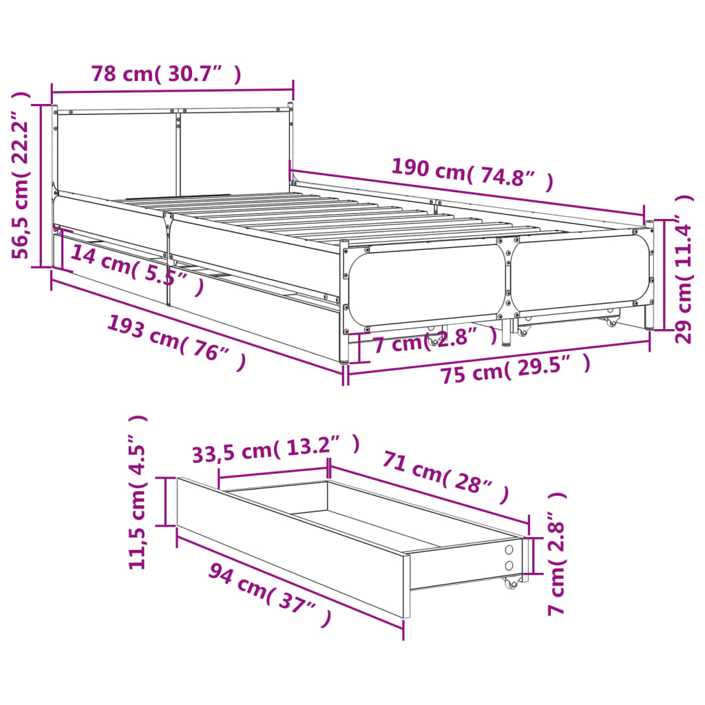 vidaXL Bed Frame with Drawers without Mattress Black 75x190 cm