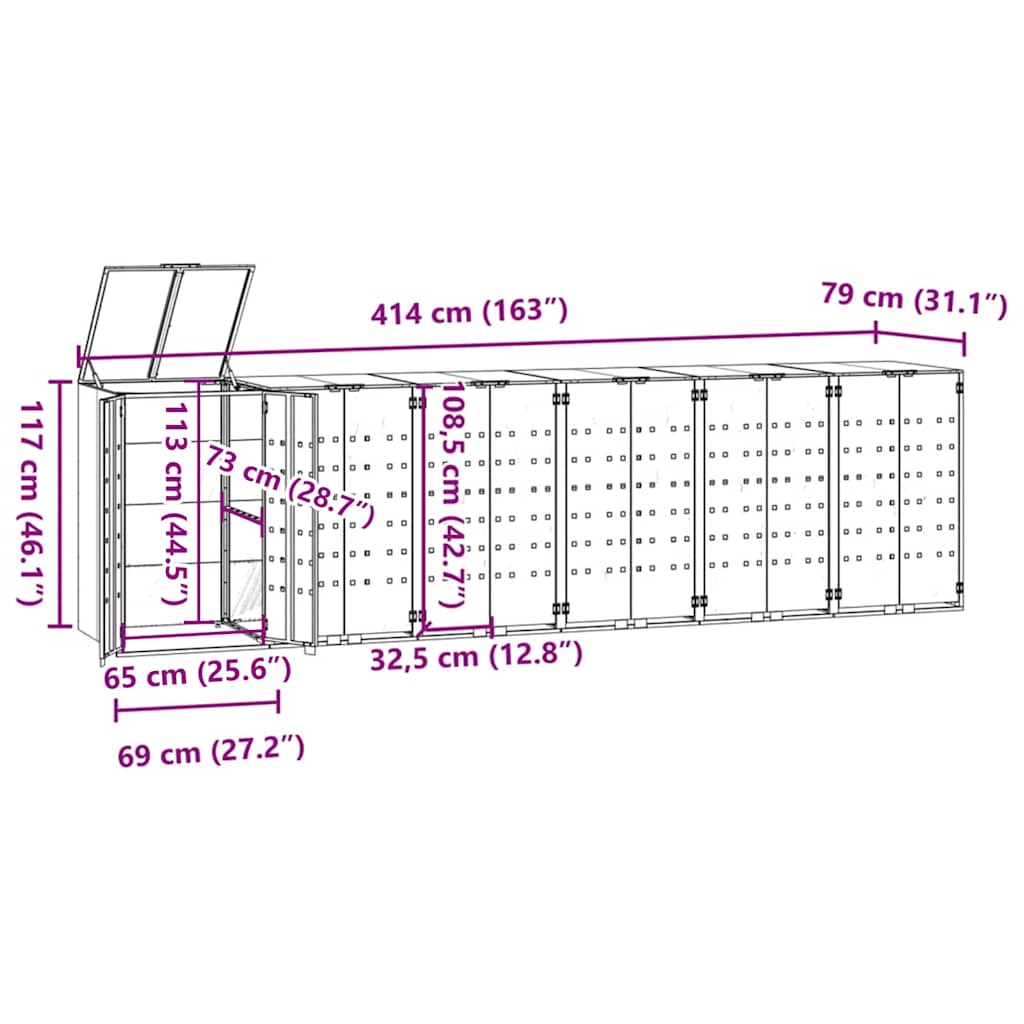 vidaXL Wheelie Bin Storage for 6 Bins Black 414x79x117 cm Steel
