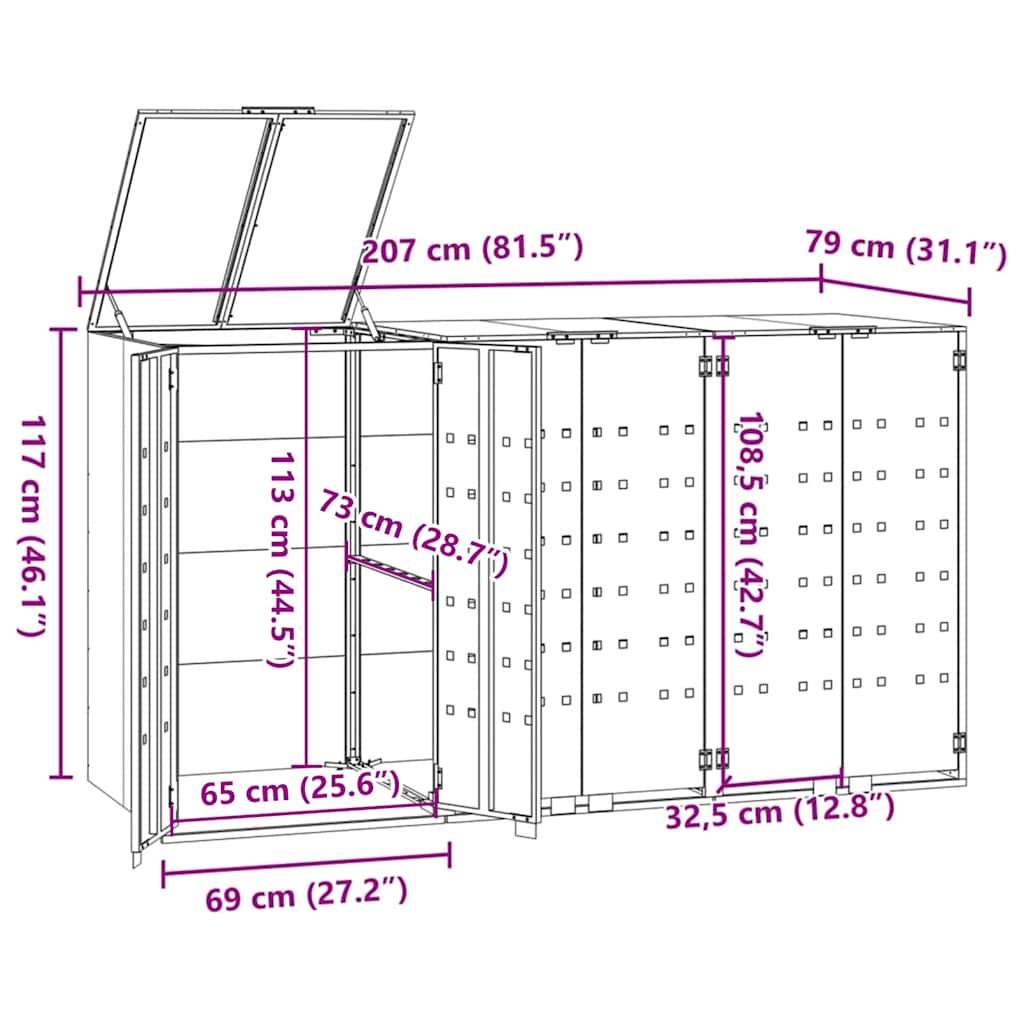 vidaXL Wheelie Bin Storage for 3 Bins Grey 207x79x117 cm Steel