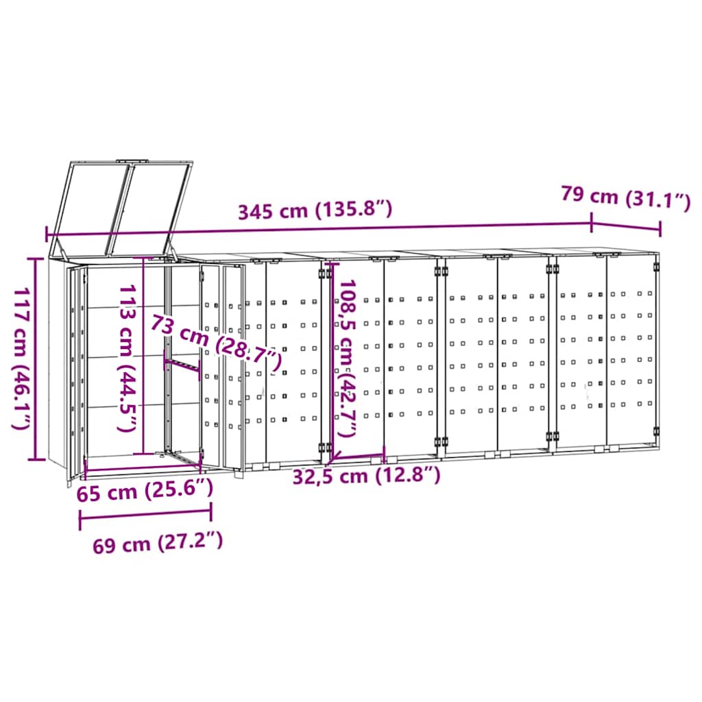 vidaXL Wheelie Bin Storage for 5 Bins Grey 345x79x117 cm Steel