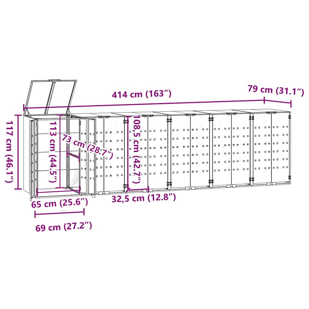 vidaXL Wheelie Bin Storage for 6 Bins Grey 414x79x117 cm Steel