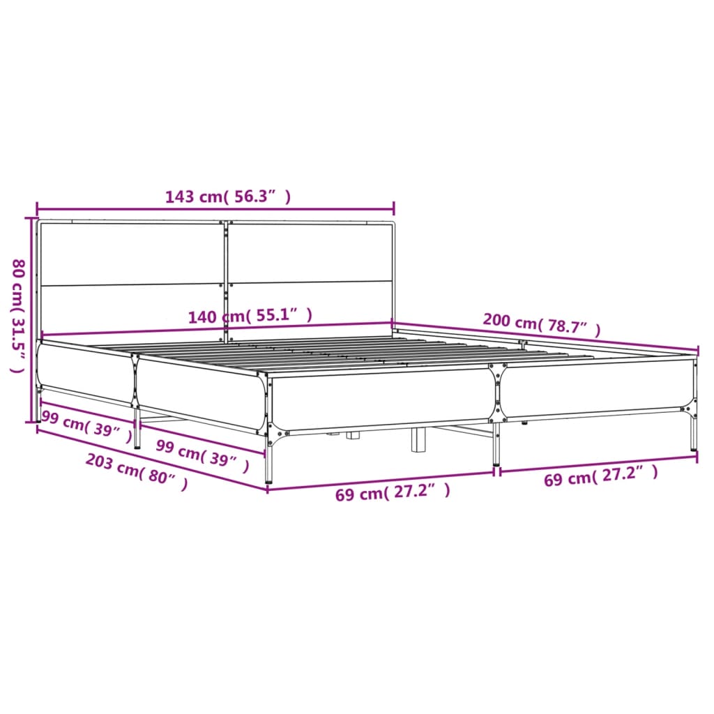 vidaXL Bed Frame without Mattress Brown Oak 140x200 cm