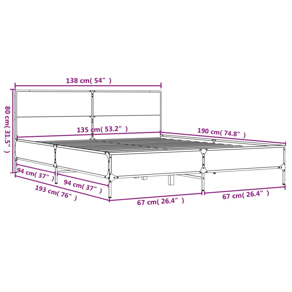 vidaXL Bed Frame without Mattress Brown Oak 135x190 cm