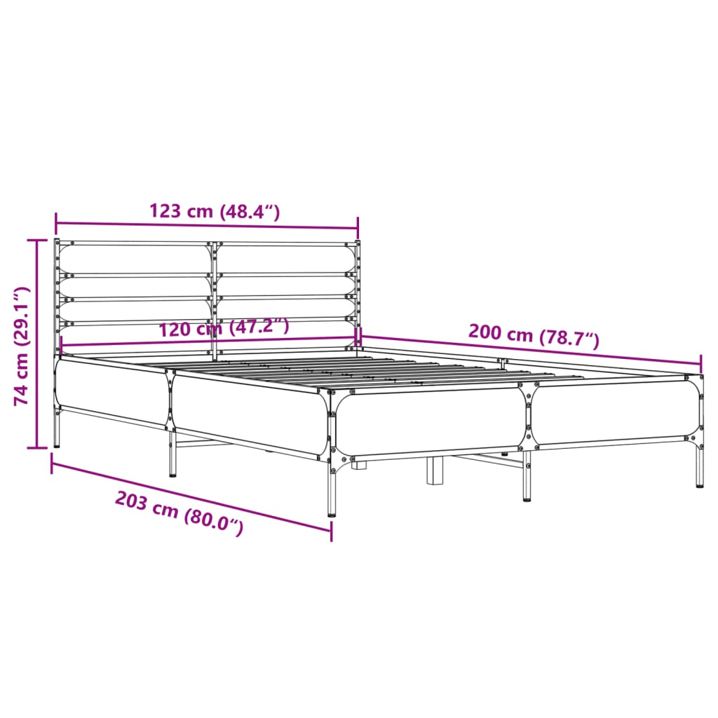 vidaXL Bed Frame | Grey Sonoma | Engineered wood, metal, plywood | 120x200 cm