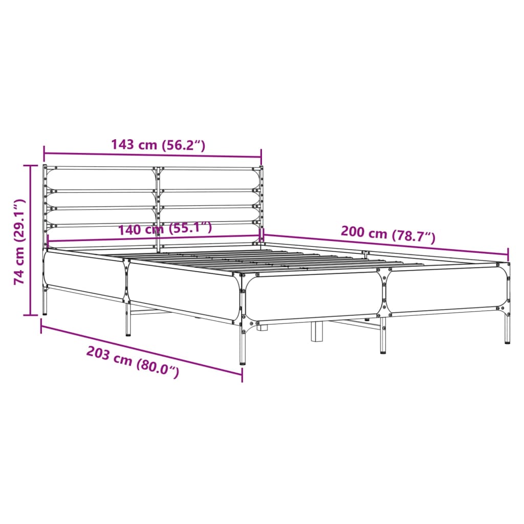 vidaXL Bed Frame | Smoked Oak | Engineered wood, metal | Double | Bed Frame