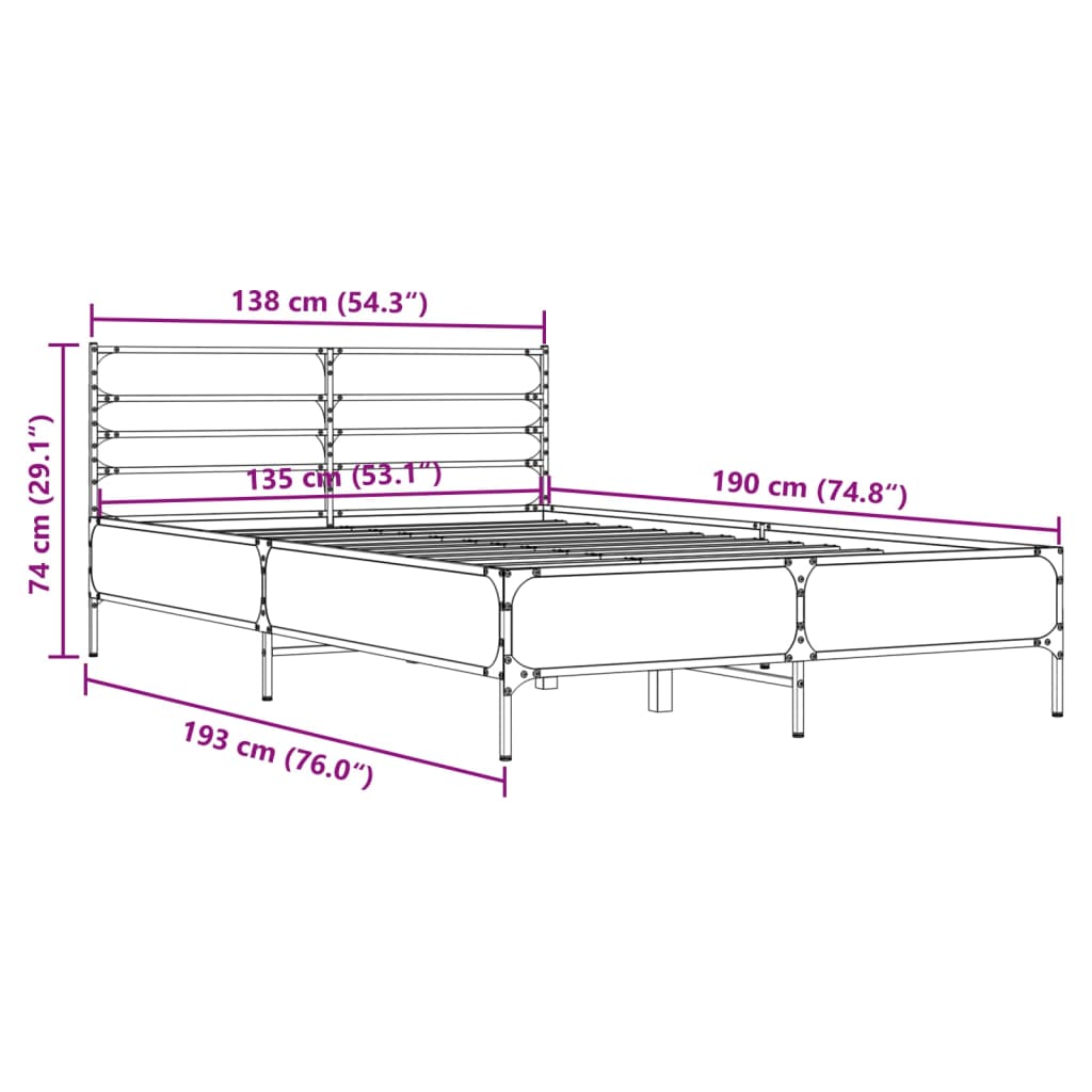 vidaXL Bed Frame without Mattress Grey Sonoma 135x190 cm