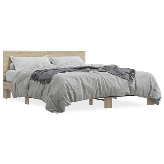 vidaXL Bed Frame | Sonoma Oak | Engineered Wood and Metal, Plywood Slats