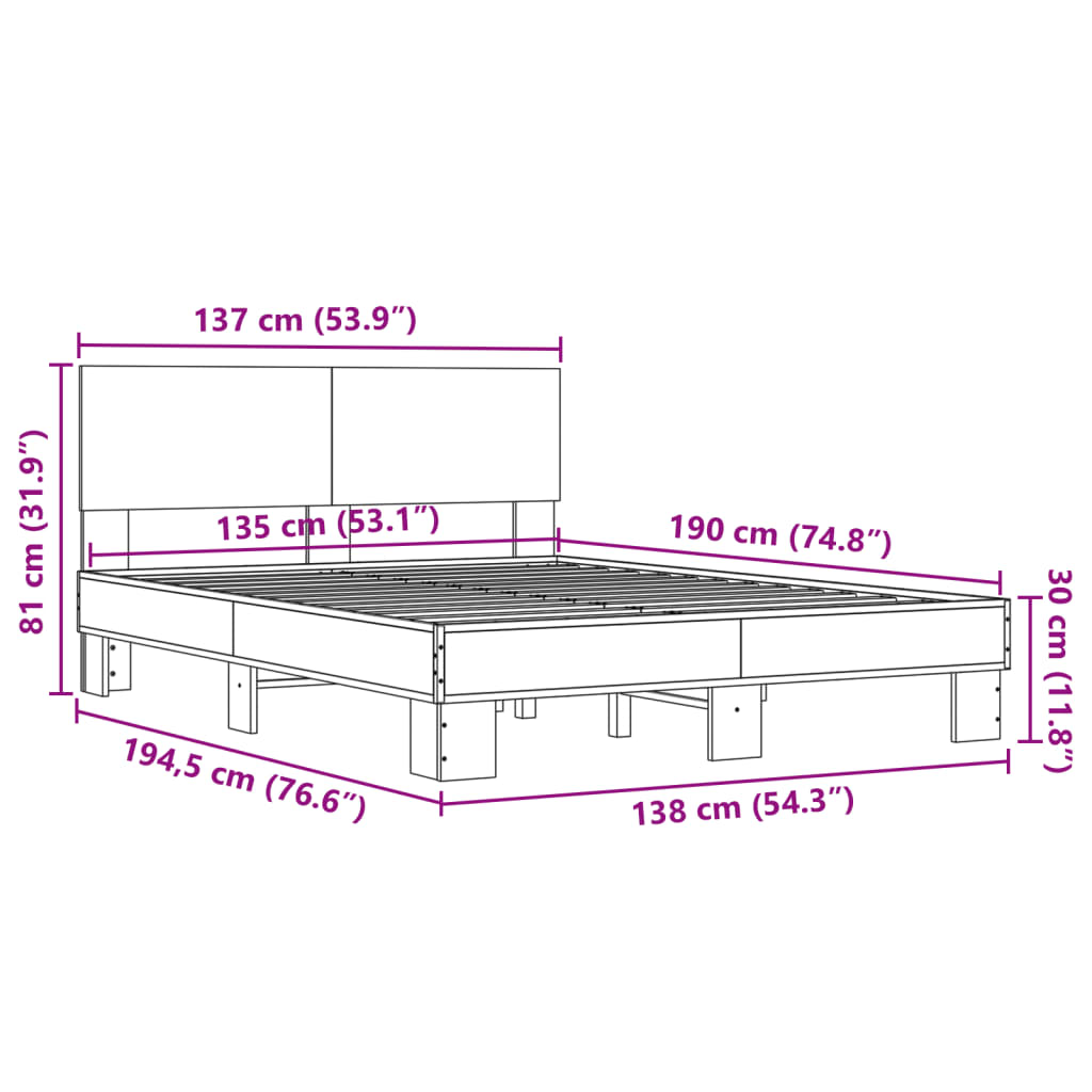 vidaXL Bed Frame | Grey Sonoma | Engineered Wood | Double | Durable