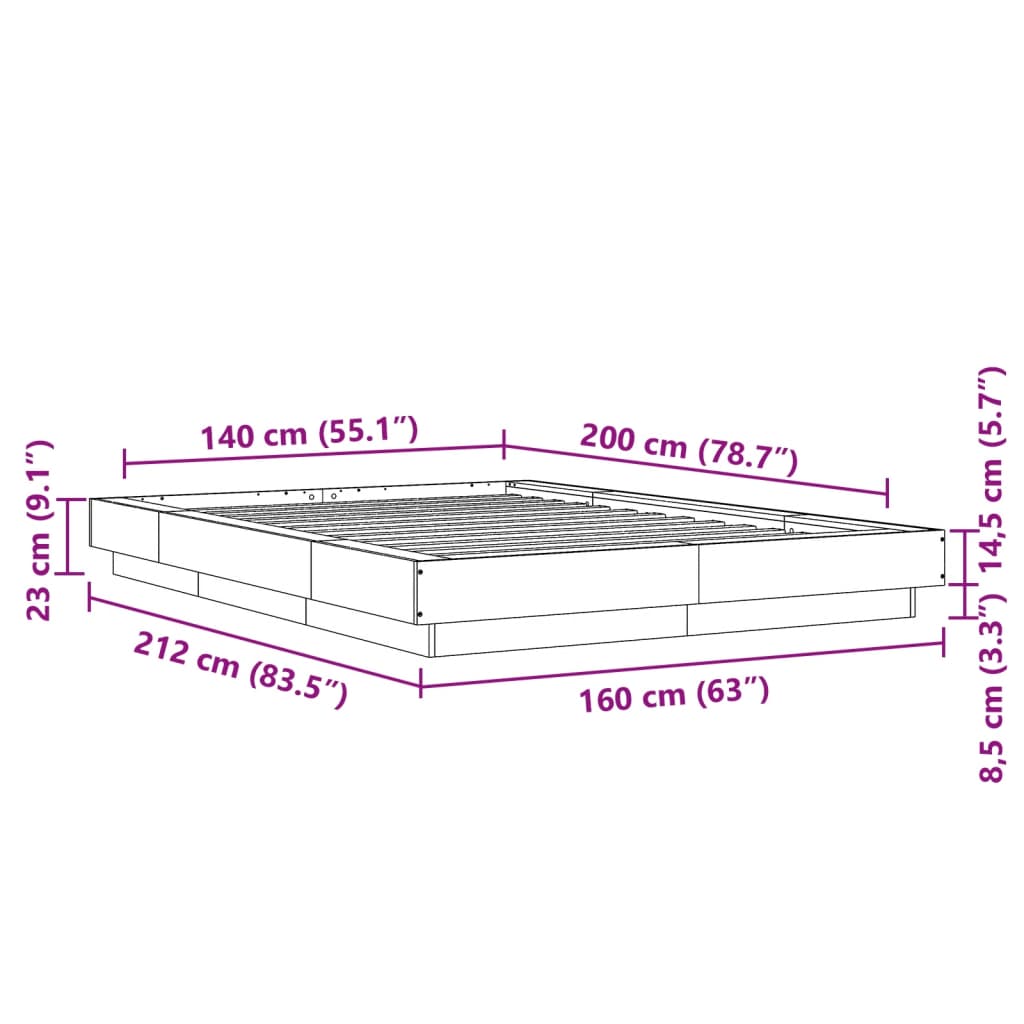 vidaXL Bed Frame without Mattress Grey Sonoma 140x200 cm
