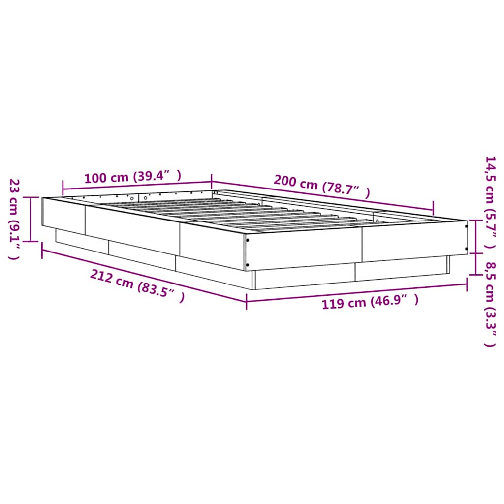 vidaXL Bed Frame without Mattress Grey Sonoma 100x200 cm