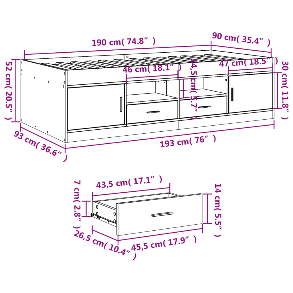 vidaXL Daybed with Drawers without Mattress White 90x190 cm