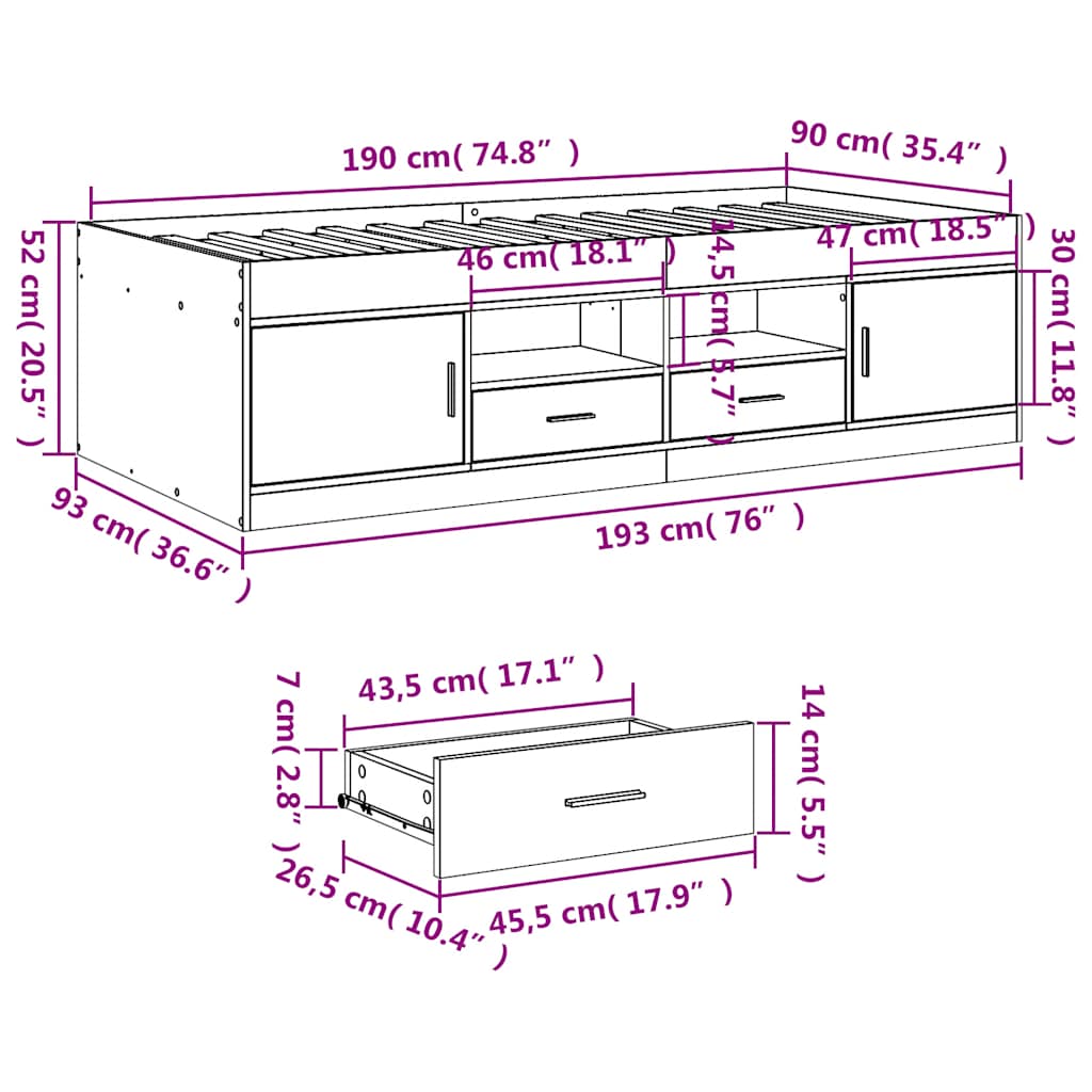 vidaXL Daybed with Drawers without Mattress Sonoma Oak 90x190 cm
