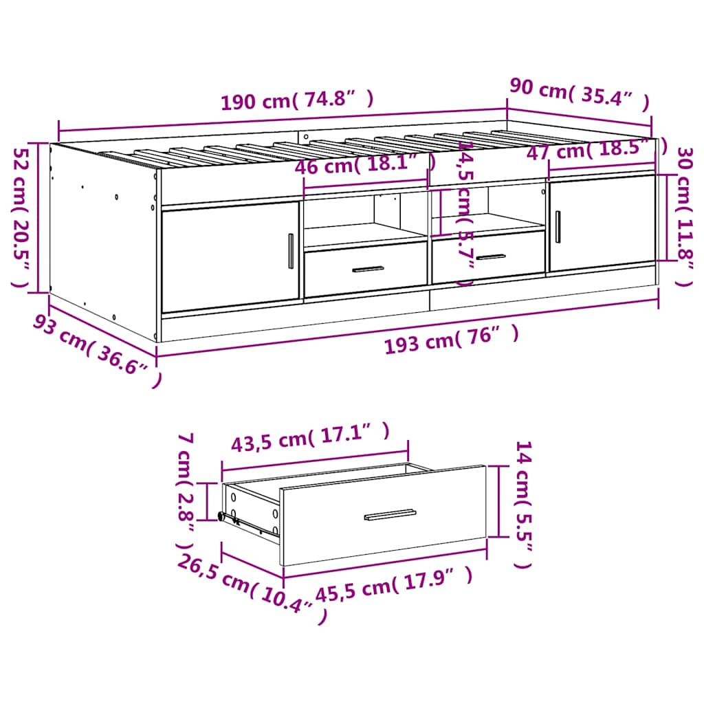 vidaXL Daybed with Drawers without Mattress Smoked Oak 90x190 cm Single