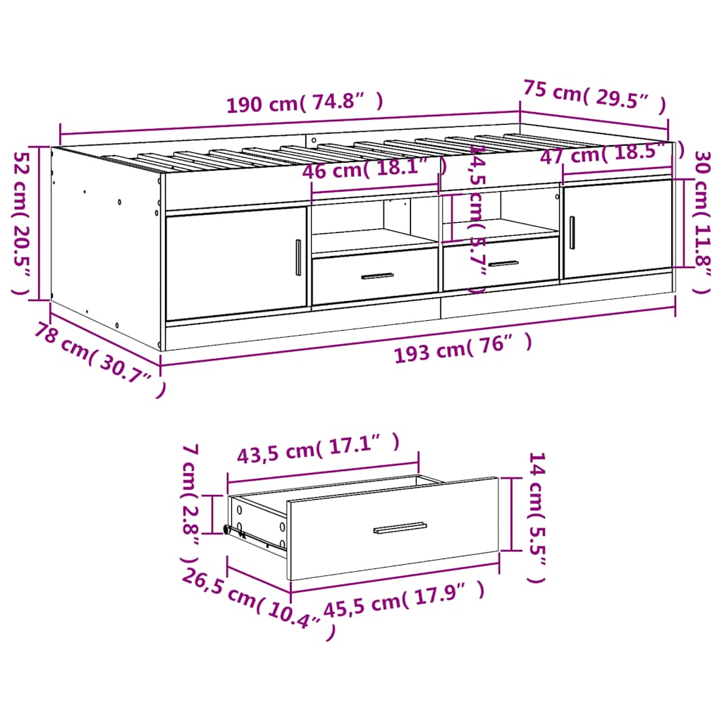 vidaXL Daybed with Drawers without Mattress White 75x190 cm