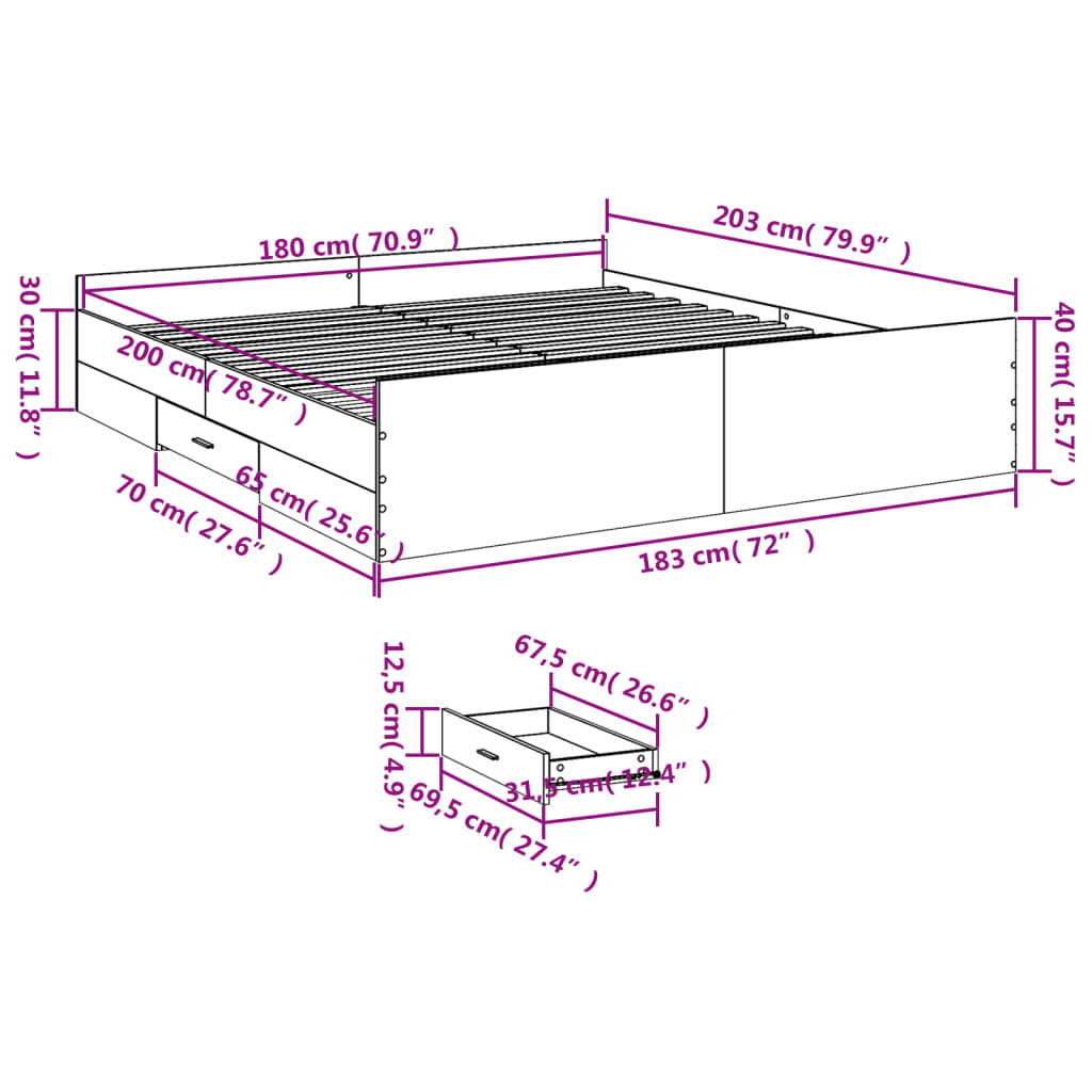 vidaXL Bed Frame with Drawers without Mattress Sonoma Oak 180x200 cm